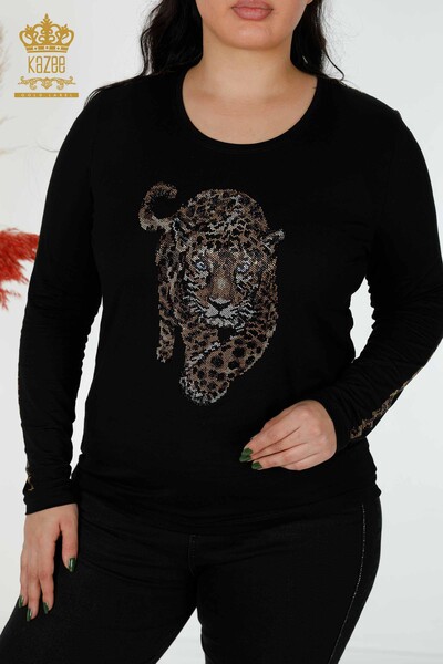Großhandel Frauen Bluse mit Tiger Muster Schwarz-79050 / KAZEE - Thumbnail