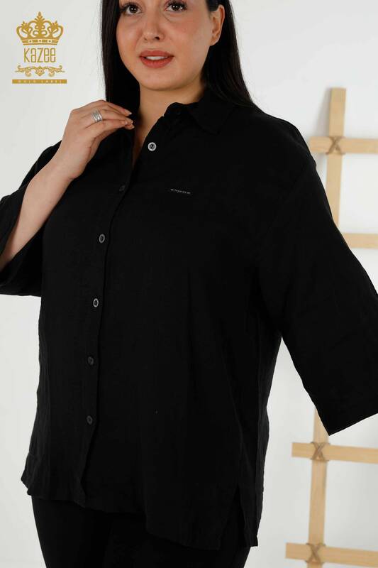 Großhandel Damen Shirt-Ärmel-Knopf Detail - Schwarz-20403 / KAZEE