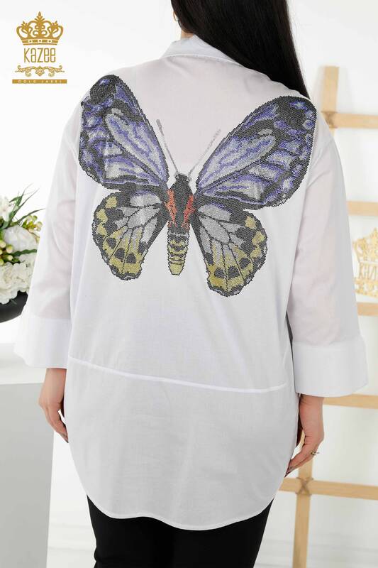 Großhandel Damen Hemd - Rücken - Schmetterlingsmuster - Weiß - 20107 | KAZEE