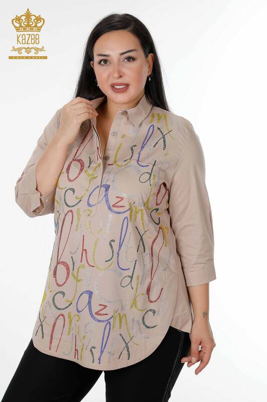 Großhandel Damenhemd - Buchstabenmuster - Beige - 20123 | KAZEE