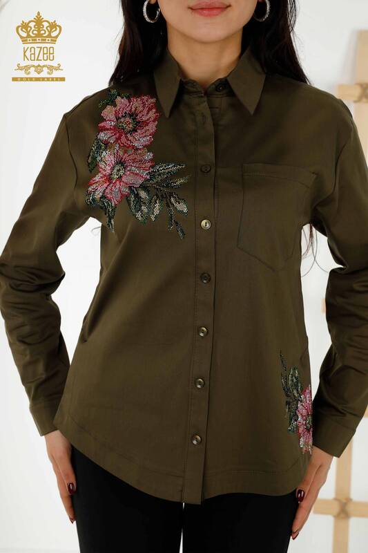 Großhandel Damenhemd Bunte Blume bestickt Khaki - 20234 | KAZEE