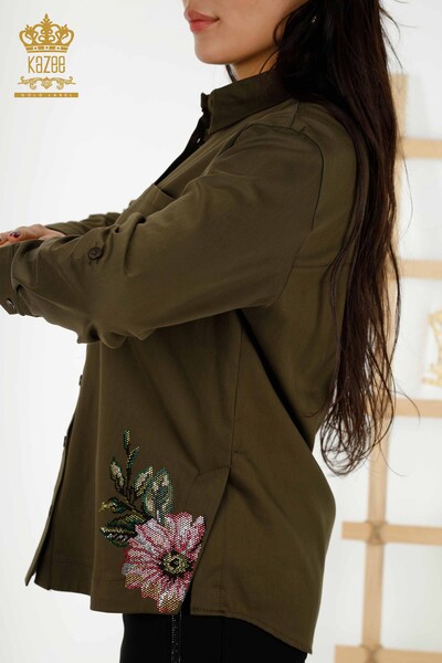 Großhandel Damenhemd Bunte Blume bestickt Khaki - 20234 | KAZEE - Thumbnail