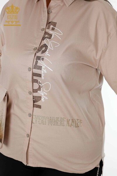 Großhandel Damenhemd - Kristall Stein bestickt - Beige - 20136 | KAZEE - Thumbnail
