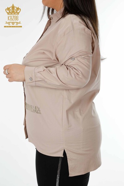 Großhandel Damenhemd - Kristall Stein bestickt - Beige - 20136 | KAZEE - Thumbnail