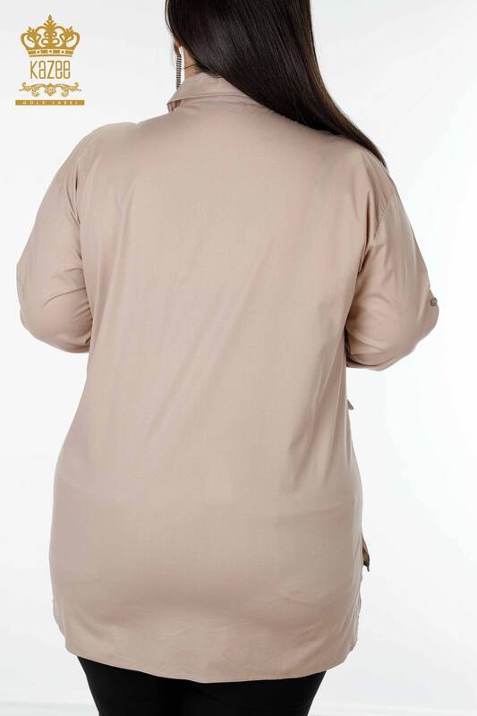 Großhandel Damenhemd - Kristall Stein bestickt - Beige - 20136 | KAZEE