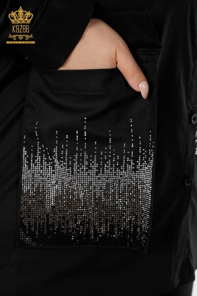 Großhandel Damenhemd - Kristall Stein bestickt - Schwarz - 20136 | KAZEE - Thumbnail