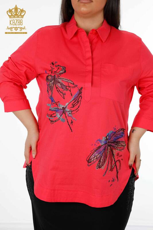 Großhandels-Damenhemd - Libelle-Detail Farbiger Stein bestickt - Baumwolle - 20120 | KAZEE