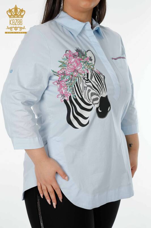 Großhandel Damenhemd - Zebra Blumen muster - Blau - 20126 | KAZEE