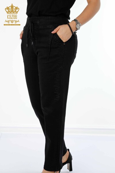 Großhandel Damenhose - Elastische Taille - Schwarz - 3651 | KAZEE - Thumbnail