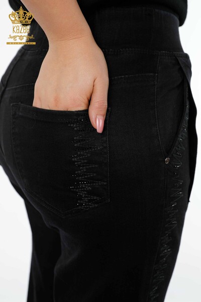 Großhandel Damenhose - Elastische Taille - Schwarz - 3651 | KAZEE - Thumbnail