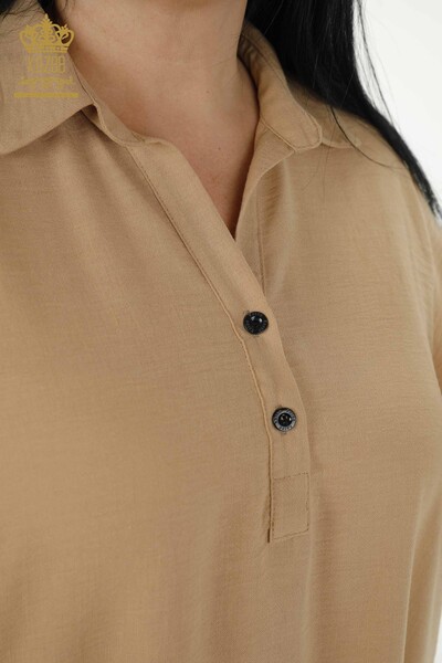 Großhandelskleid für Damen Halber Knopf Detailiert Beige - 20385 | KAZEE - Thumbnail