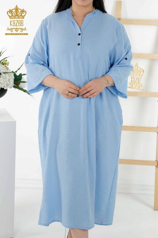 Kleid für Damen im Großhandel - Halber Knopf detailliert - Blau - 20384 | KAZEE