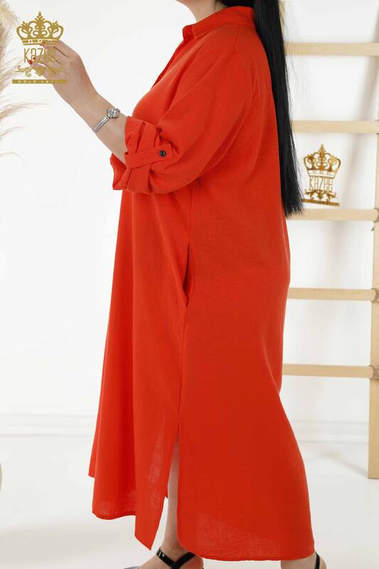 Großhandel Damen Kleid halber Knopf detailliert orange - 20385 | KAZEE