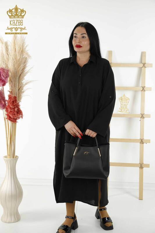 Großhandels Frauen Kleid halber Knopf detailliert schwarz - 20385 | KAZEE
