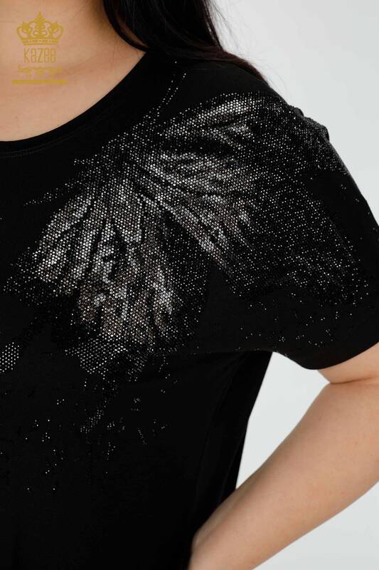 Großhandel Damenkleid Crystal Stone Bestickt Schwarz - 7739 | KAZEE