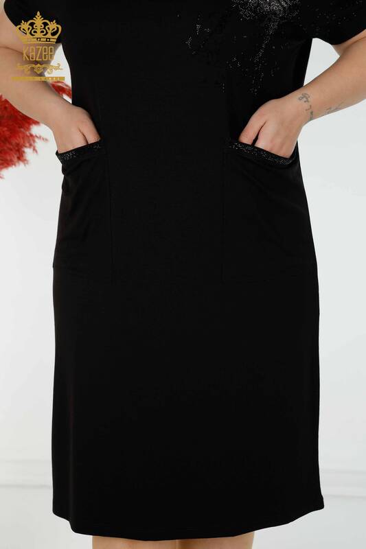 Großhandel Damenkleid Crystal Stone Bestickt Schwarz - 7739 | KAZEE