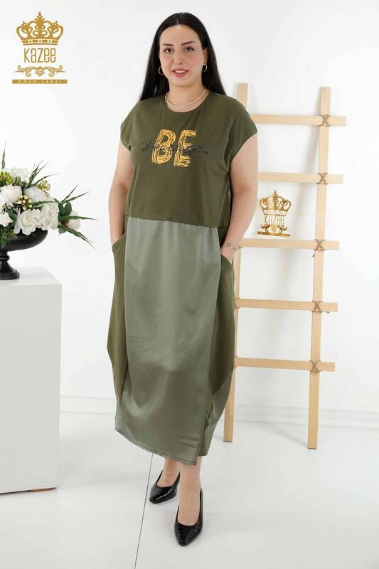 Großhandel Damenkleid - Stein bestickt Taschen - Khaki - 20368 | KAZEE