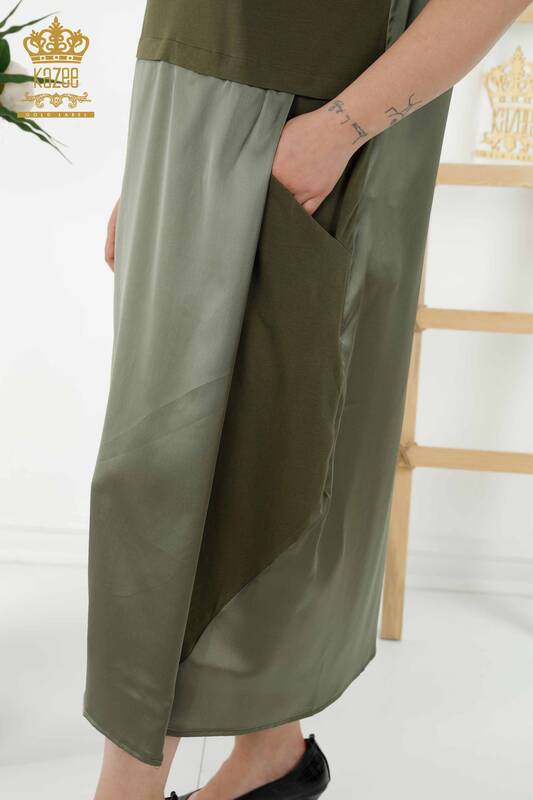 Großhandel Damenkleid - Stein bestickt Taschen - Khaki - 20368 | KAZEE