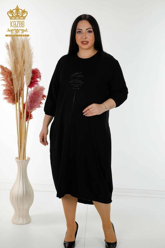Großhandel Damen Kleid - Buchstabe detailliert - Schwarz - 20331 | KAZEE 