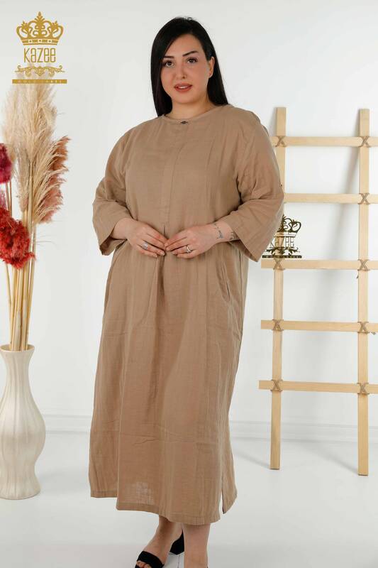 Großhandel Damen Kleid mit zwei Taschen Beige - 20400 / KAZEE