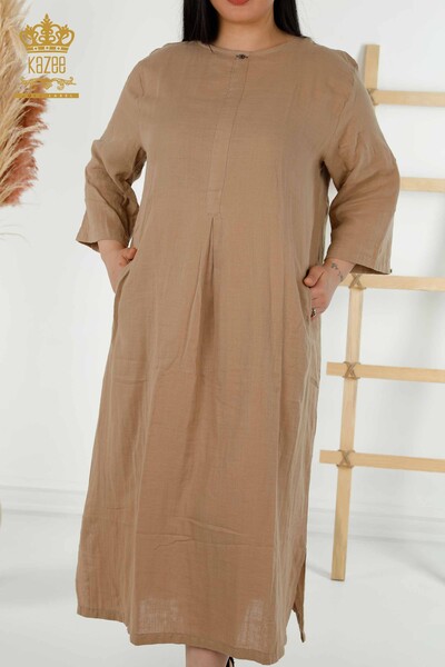 Großhandel Damen Kleid mit zwei Taschen Beige - 20400 / KAZEE - Thumbnail