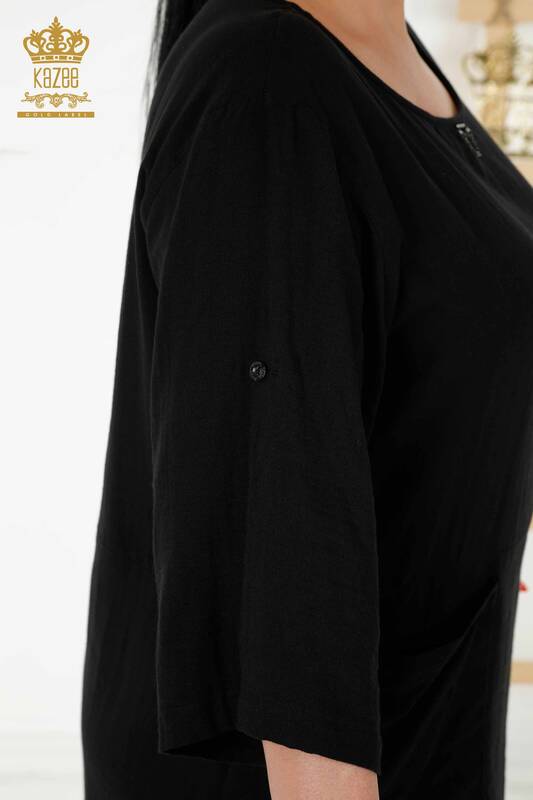 Großhandel Damenkleid - Zwei Taschen - Schwarz - 20404 | KAZEE