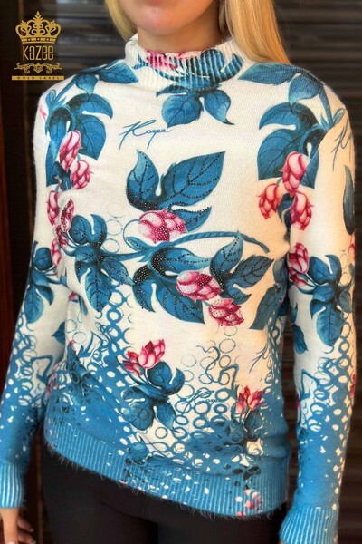 Großhandel Damen Pullover Angora Blatt Muster Mint - 18998 / KAZEE - Thumbnail