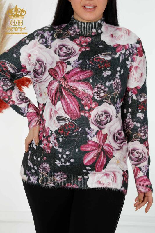 Großhandel Damen Pullover Angora Blumenmuster Magenta - 16010 / KAZEE