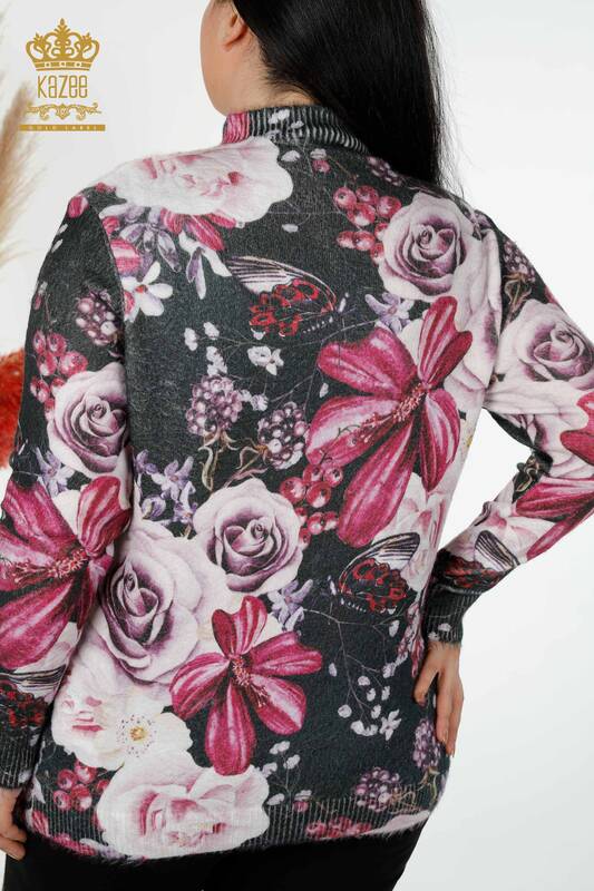 Großhandel Damen Pullover Angora Blumenmuster Magenta - 16010 / KAZEE