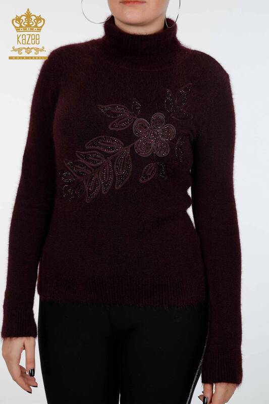Großhandel Damen Pullover Blatt Blume gemustert Stein Angora - 18873 | KAZEE