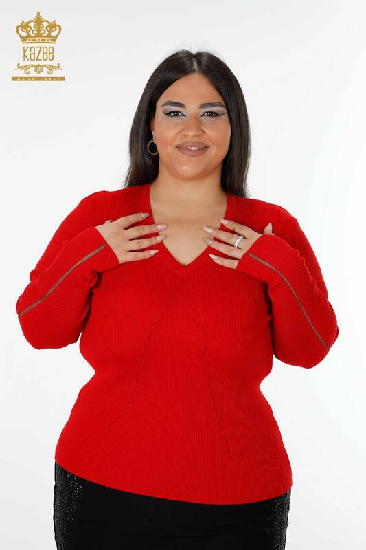Großhandel Damen Pullover V-Ausschnitt rot-16249 / KAZEE