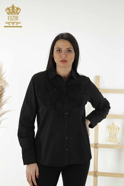 Großhandel Damenhemd Engelsflügel Muster Schwarz - 20233 | KAZEE - Thumbnail