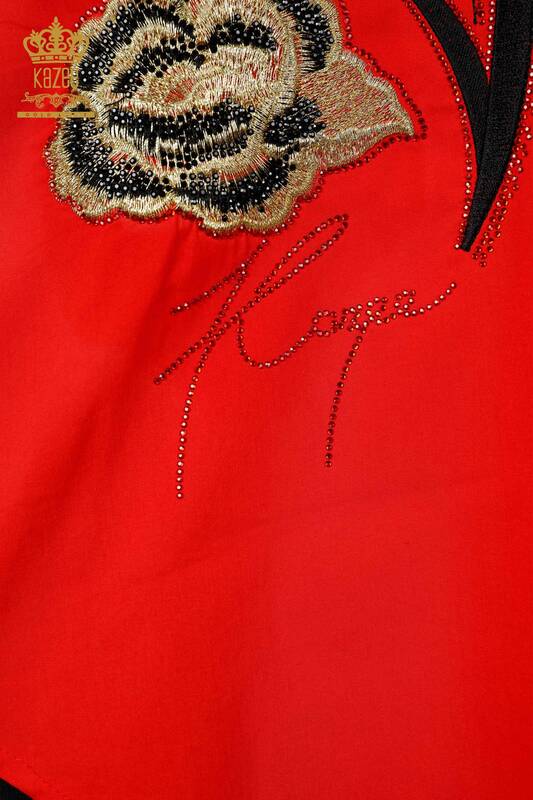 Großhandel Damenhemd - Katzenmuster Rosendetail - Stein bestickt - 20053 | KAZEE