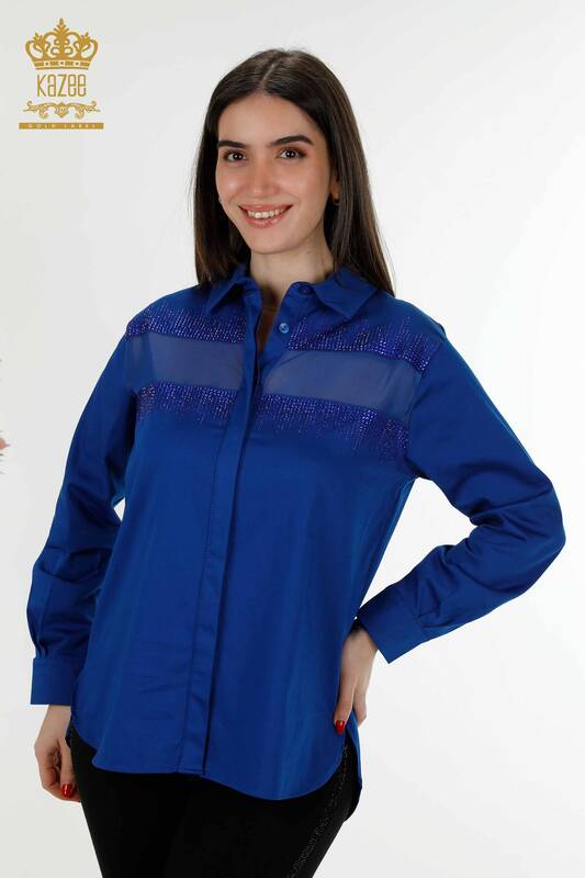 Großhandel Damenhemd Kristall Stein Bestickt Dunkelblau - 20250 | KAZEE