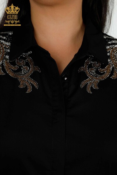 Damen-Hemd mit Schulterdetail Schwarz im Großhandel - 20440 | KAZEE - Thumbnail