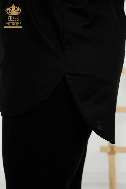Damen-Hemd mit Schulterdetail Schwarz im Großhandel - 20440 | KAZEE