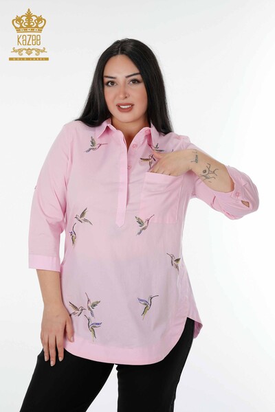 Großhandel Damenhemd - Vogelmuster - Rosa - 20129 | KAZEE - Thumbnail