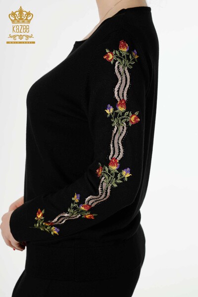 Großhandel Frauen Trainingsanzug Set Schwarz mit bunten Blumenmuster-16528 / KAZEE - Thumbnail