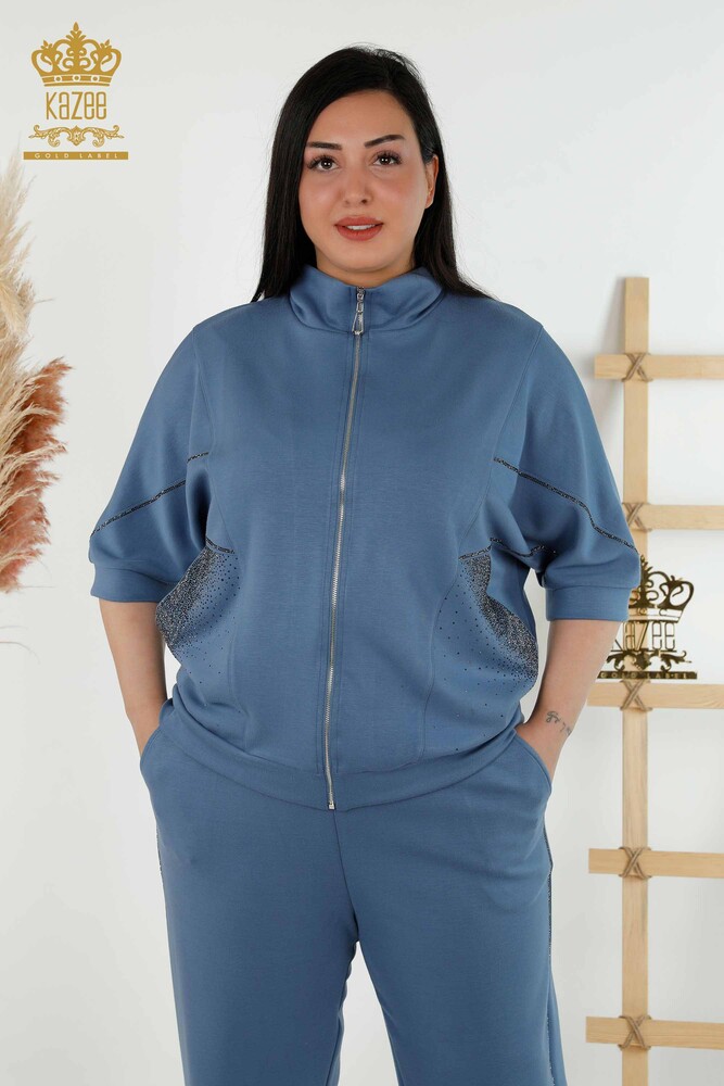 Großhandel Damen-Trainingsanzug-Set – Kurzarm – Reißverschluss – Indigo – 17547 | KAZEE - 2