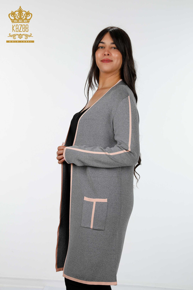 Großhandel Damen-Strickjacke– Ärmel seitlich gestreift – Tasche – 14269 | KAZEE - 2