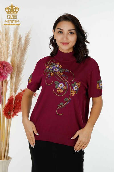 Großhandel Damen Pullover Dunkelviolett mit Blumenmuster - 16811 / KAZEE - Thumbnail