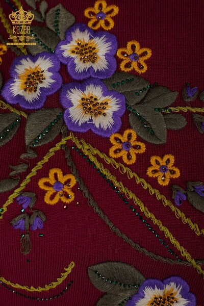 Großhandel Damen Pullover Dunkelviolett mit Blumenmuster - 16811 / KAZEE - Thumbnail