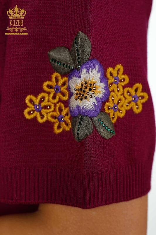 Großhandel Damen Pullover Dunkelviolett mit Blumenmuster - 16811 / KAZEE