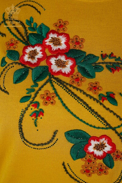 Großhandel Damen Strickwaren Blumenmuster Senf - 16811 / KAZEE - Thumbnail