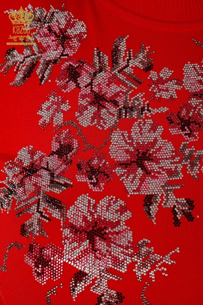 Großhandel Damen Strickpullover Rot mit Blumenmuster-16749 / KAZEE - Thumbnail