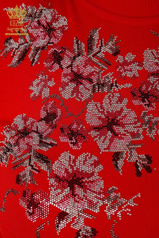 Großhandel Damen Strickpullover Rot mit Blumenmuster-16749 / KAZEE