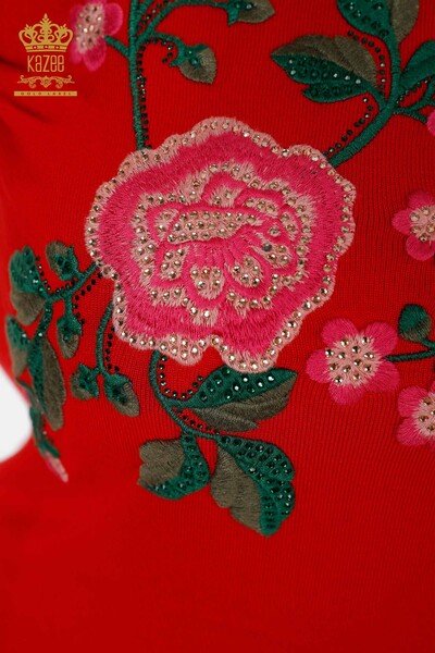 Großhandel Damen Strickpullover Rot mit Blumenmuster-16769 / KAZEE - Thumbnail