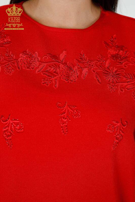 Großhandel Damen Strickpullover Rot mit Blumenmuster-16800 / KAZEE