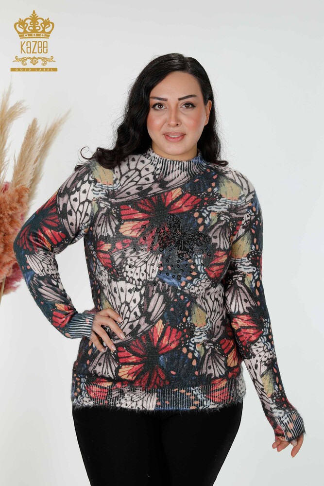 Großhandel Damen Pullover Digitaldruck Angora Muster Schwarz-18976 / KAZEE - 1