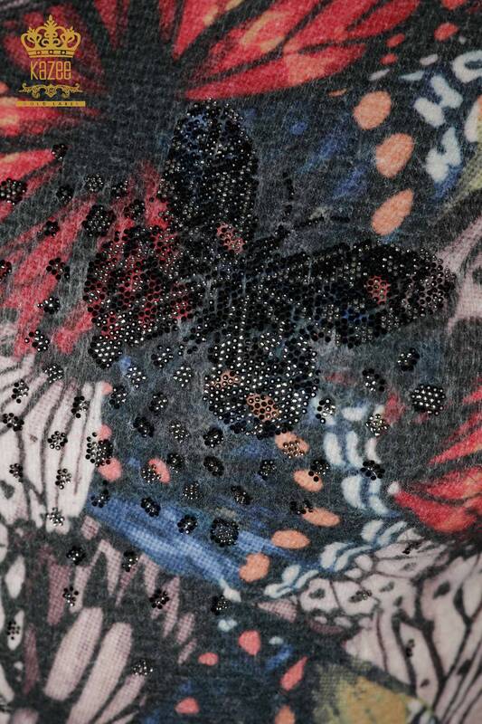 Großhandel Damen Pullover Digitaldruck Angora Muster Schwarz-18976 / KAZEE